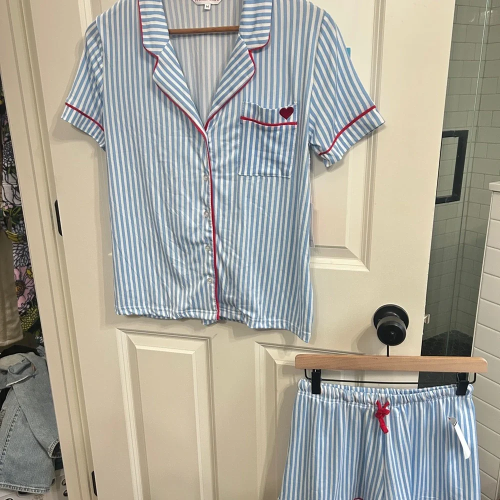 New NWT Rampage Blue and White Striped Pajama Set with Red Heart and piping. - Picture 2 of 14